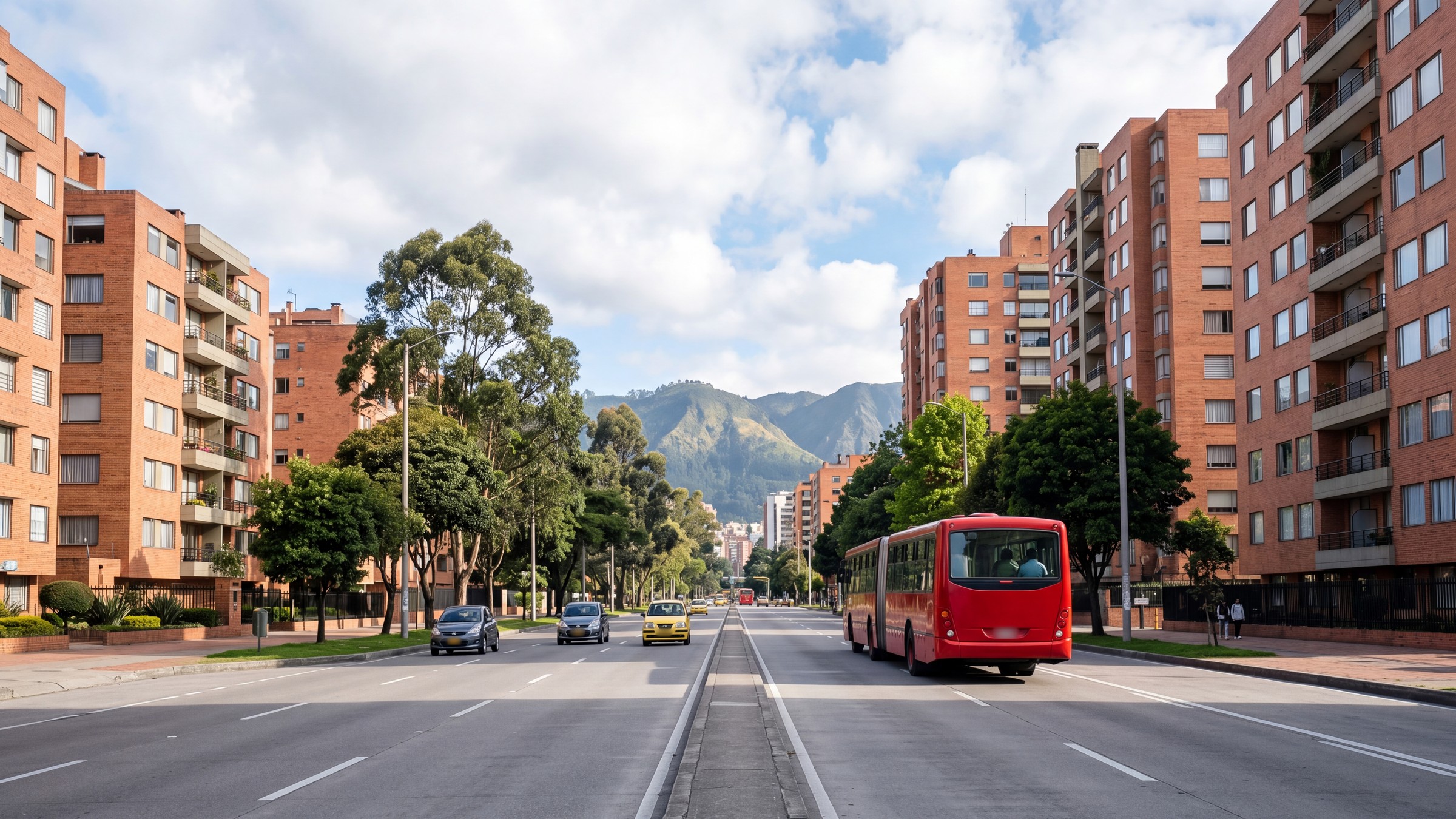 Avenida del norte de Bogotá con edificios de ladrillo, un bus rojo articulado y los cerros orientales al fondo