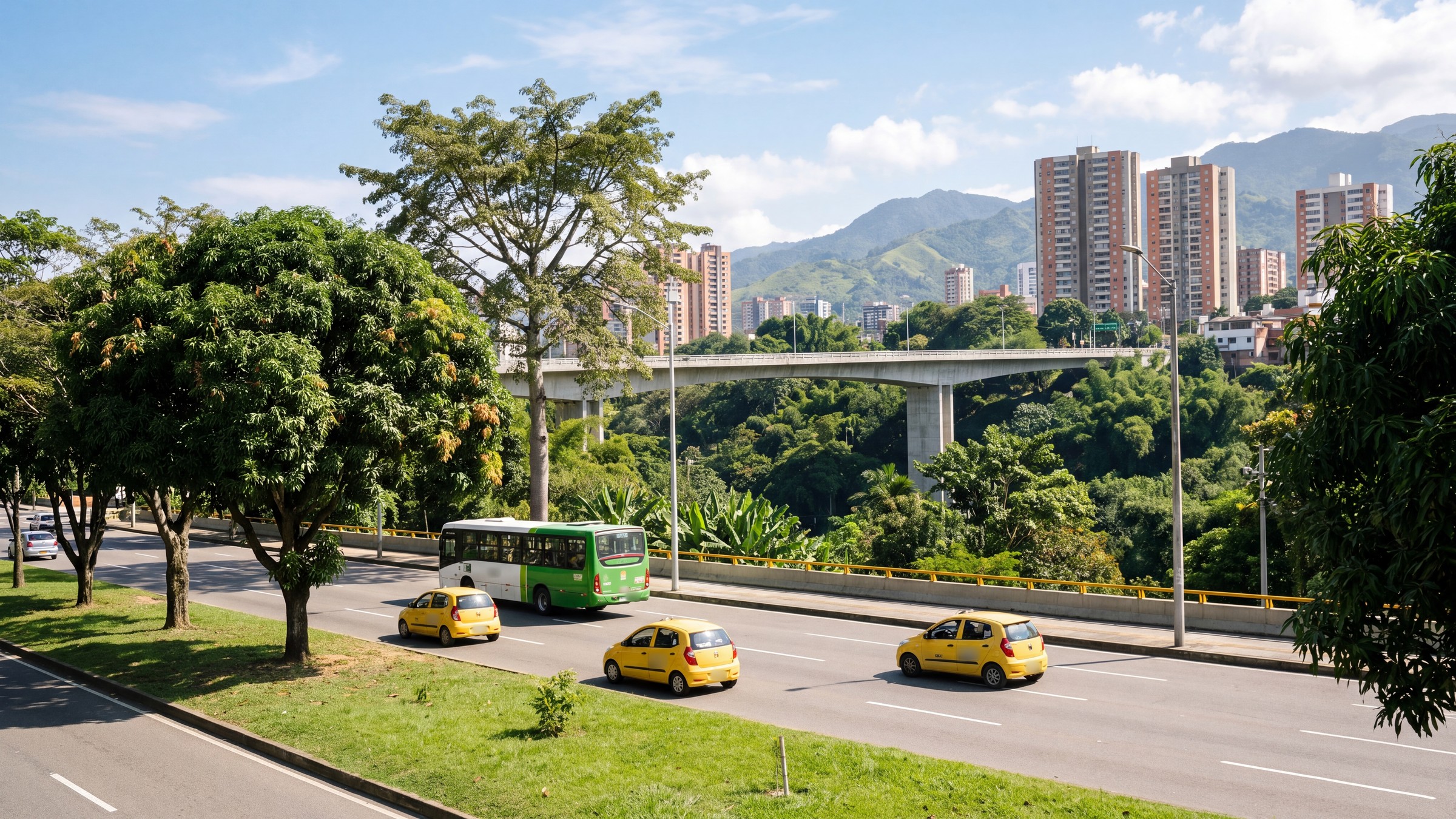 Avenida arborizada de Bucaramanga con taxis amarillos, un bus articulado y un viaducto sobre una cañada