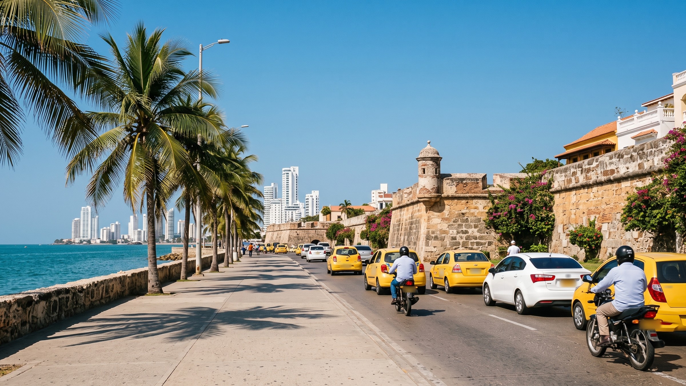Avenida junto al mar en Cartagena con palmeras, la muralla colonial y taxis amarillos
