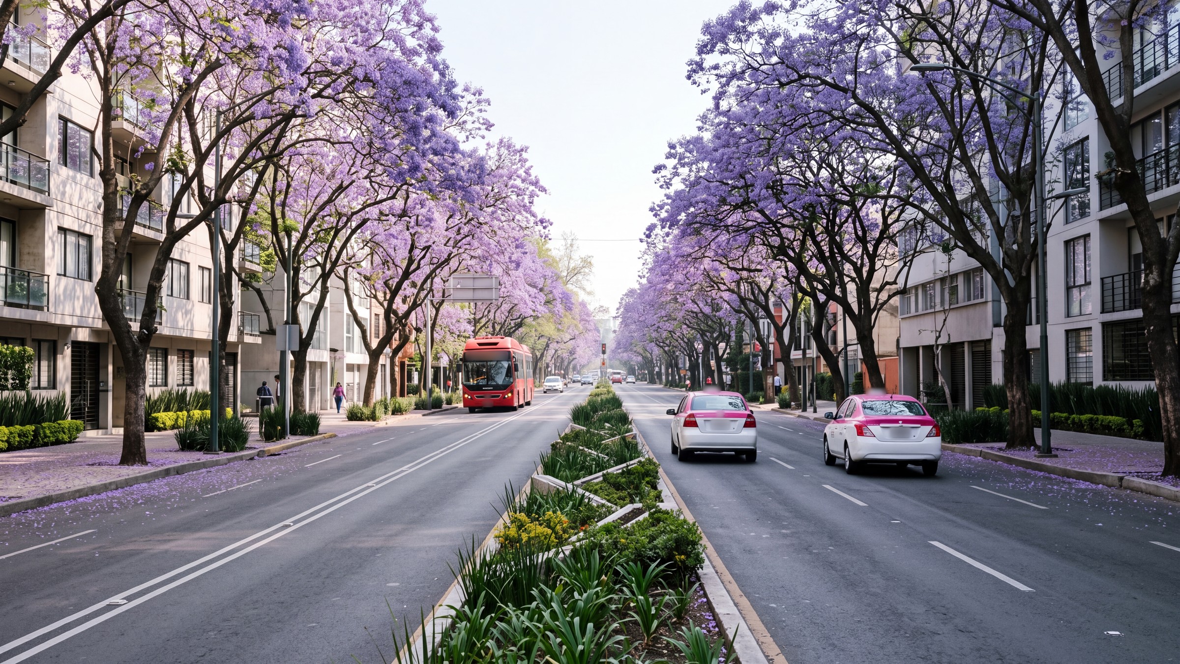 Avenida de la Ciudad de México con jacarandas en flor, taxis rosa con blanco y un bus rojo articulado