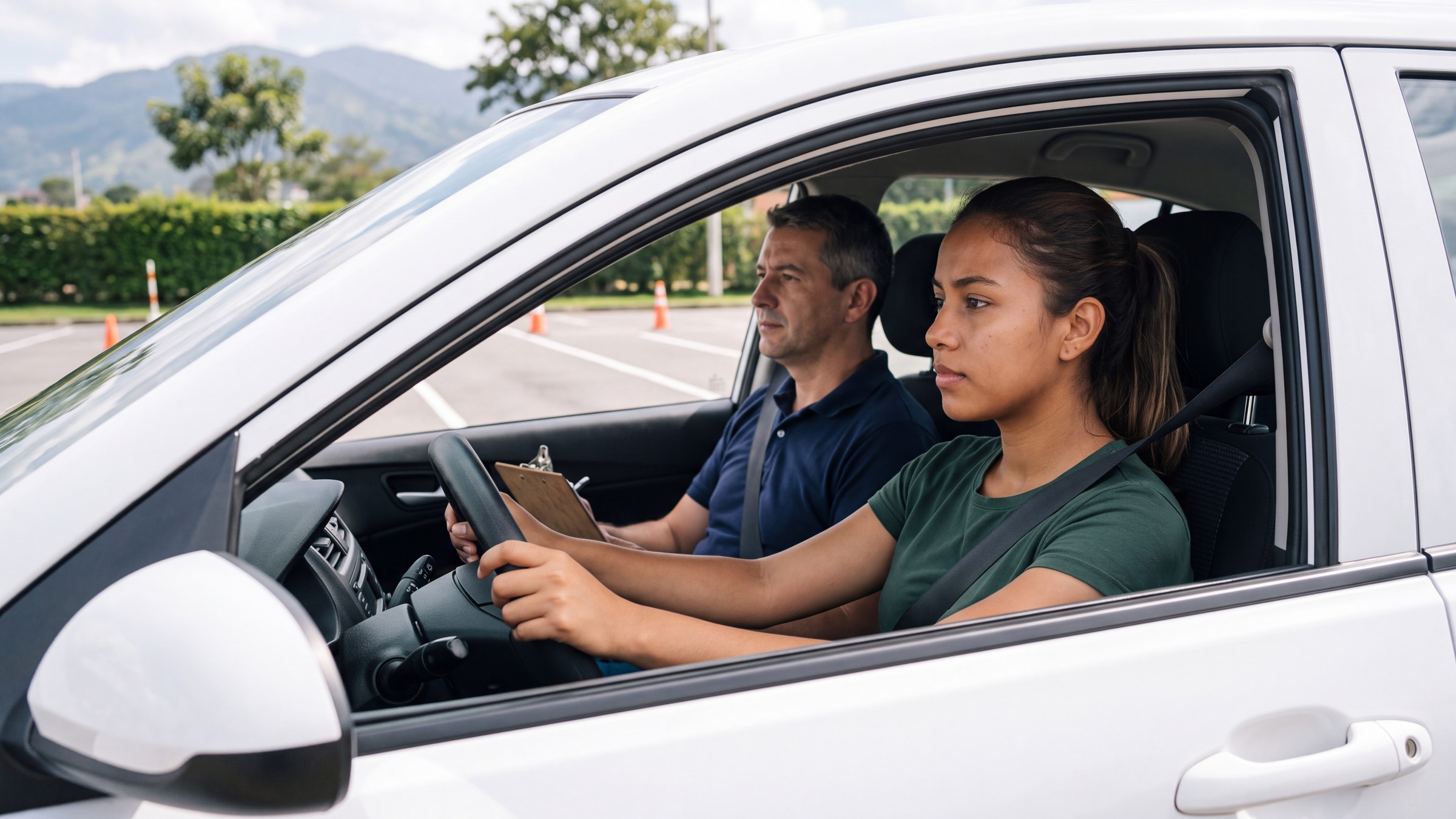 Alumna al volante de un carro de escuela con su instructor en un patio de prácticas de conducción