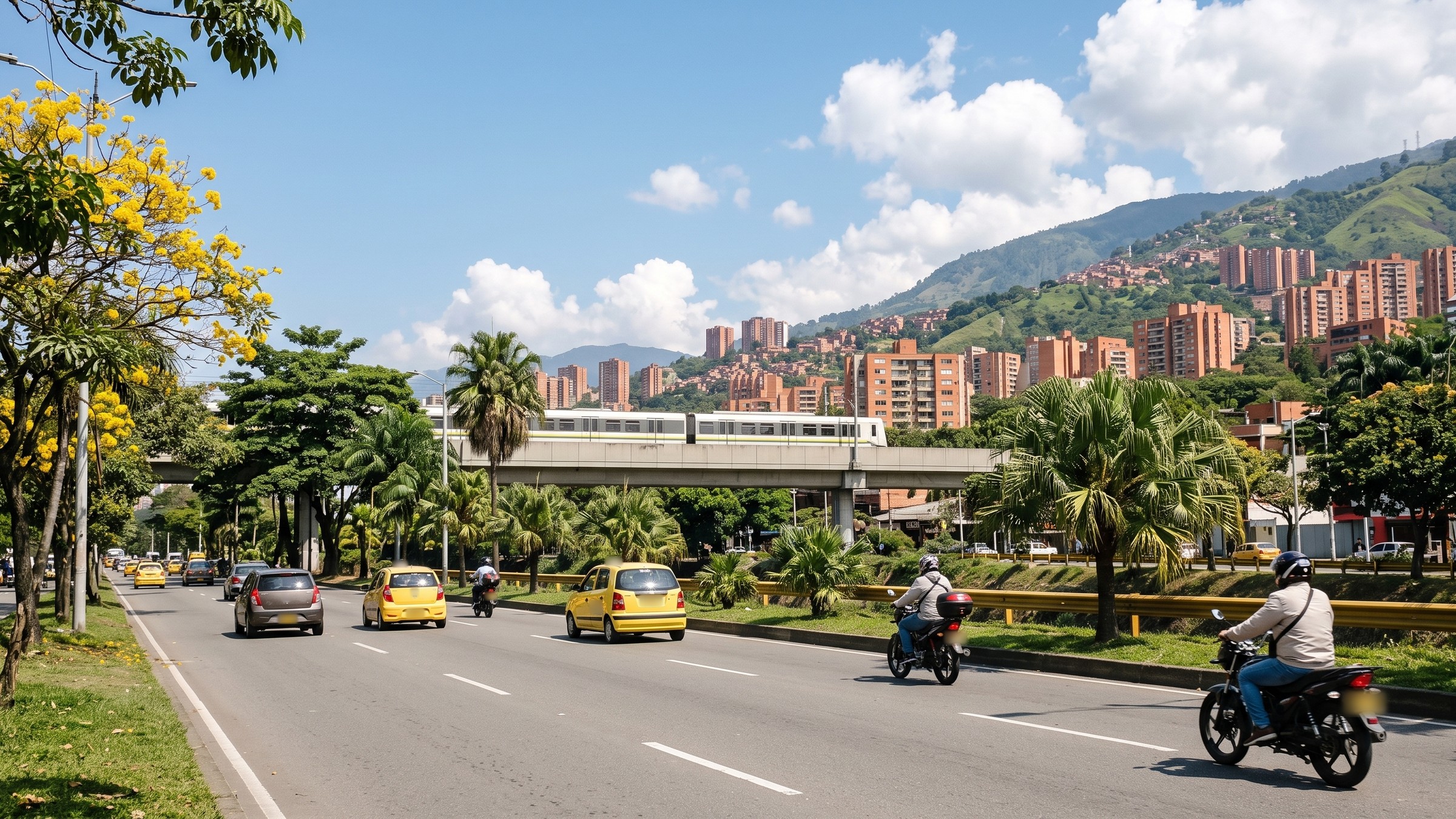 Avenida de Medellín con guayacanes amarillos, taxis y motos, y el viaducto del metro al fondo