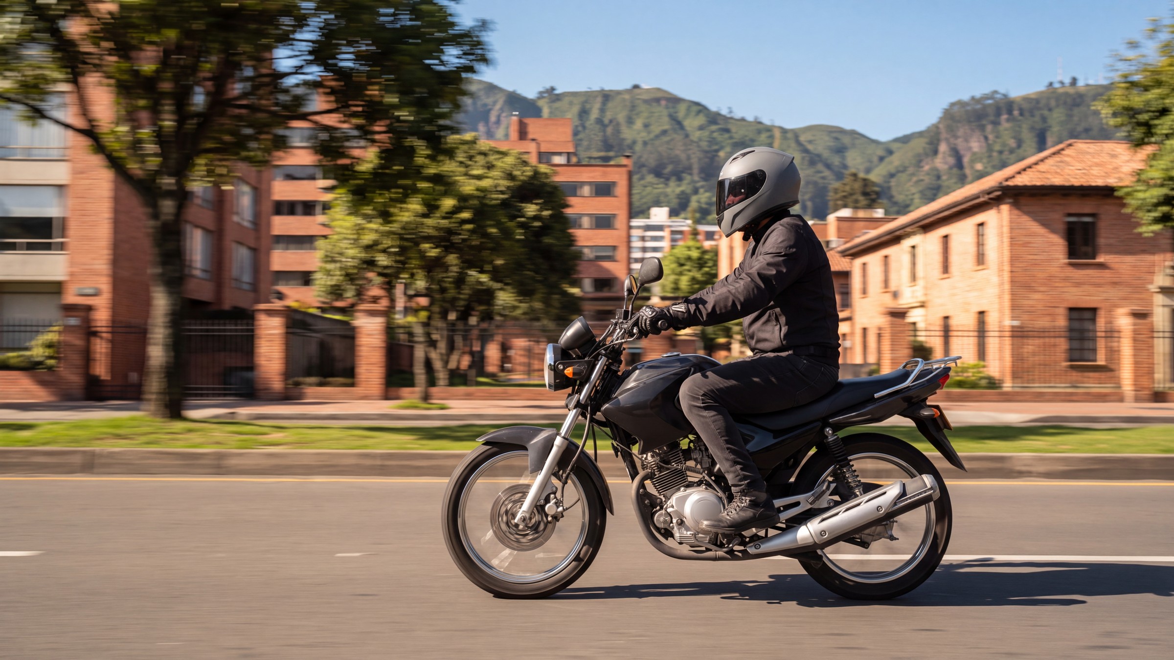 Motociclista con casco integral y chaqueta de protección conduciendo por una avenida arborizada de Bogotá