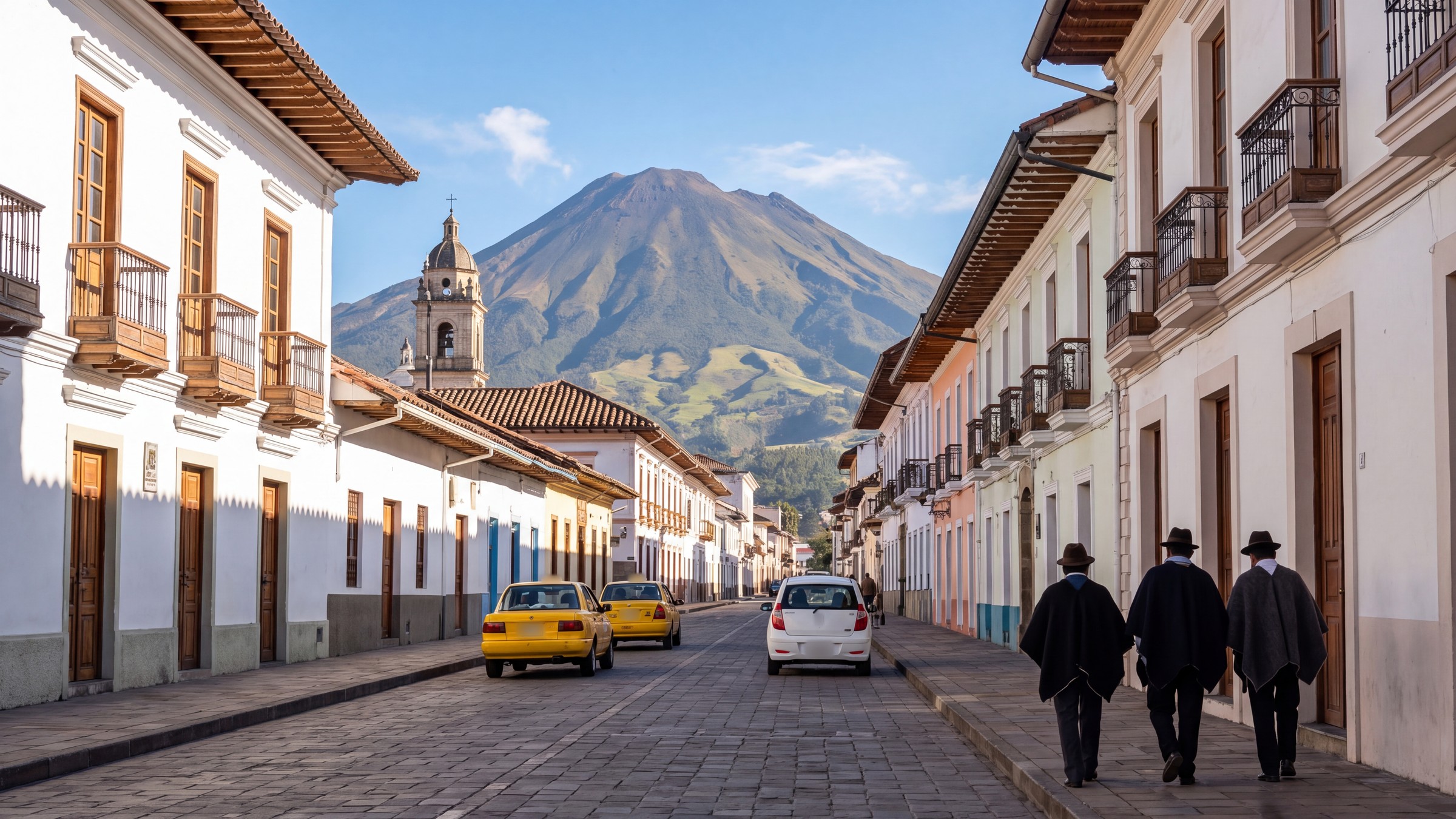 Calle de Pasto con casas coloniales, taxis y peatones con ruana, y el volcán Galeras al fondo