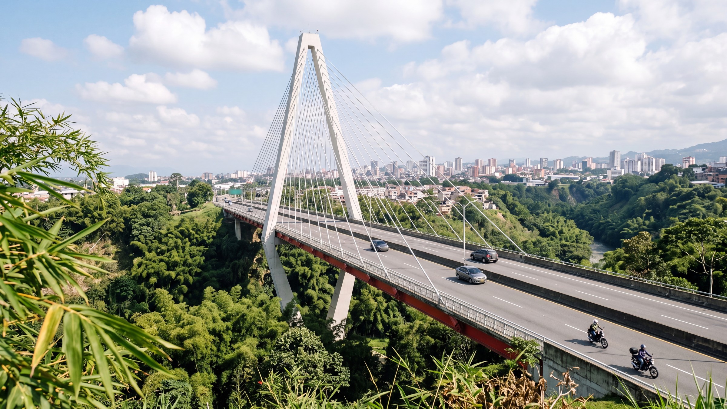 Carros y motos cruzando el viaducto atirantado de Pereira entre guaduales