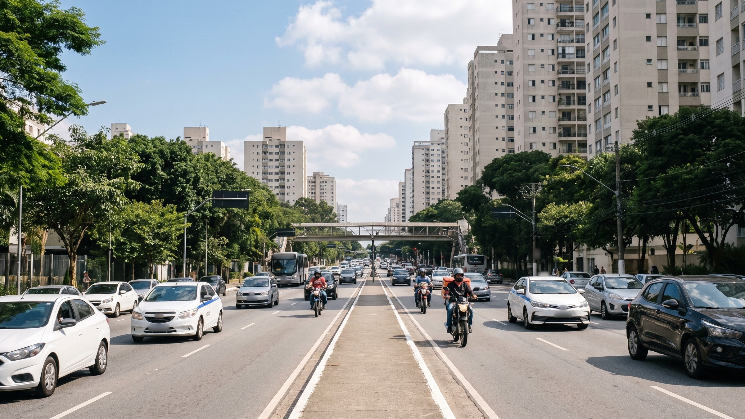 Avenida arborizada de São Paulo com carros, motoboys e prédios residenciais ao fundo