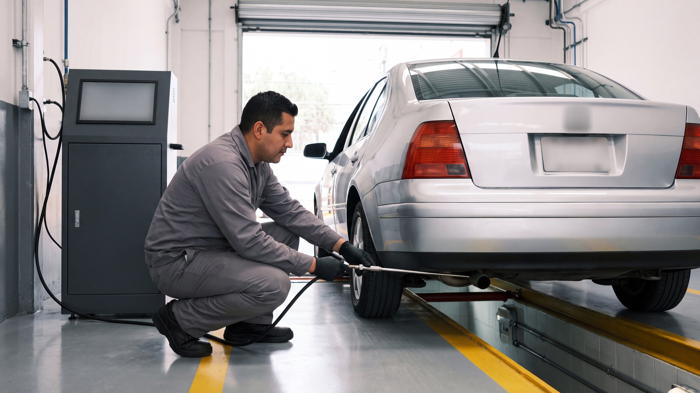 Técnico midiendo las emisiones del escape de un carro en un verificentro de la Ciudad de México