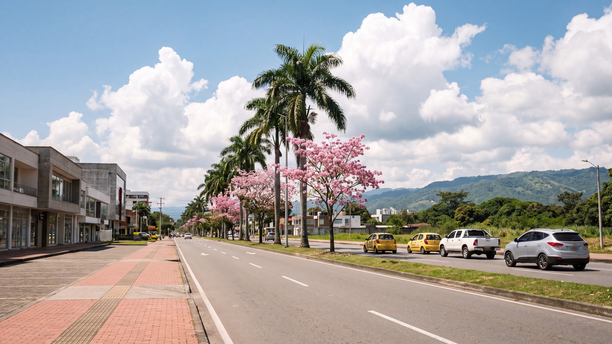 Avenida de Villavicencio con palmas, taxis amarillos y camionetas, y el piedemonte llanero al fondo