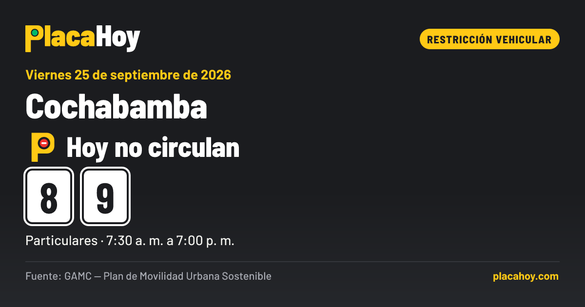Hoy no circulan · 8, 9 · restricción vehicular · Cochabamba · Viernes 25 de septiembre de 2026