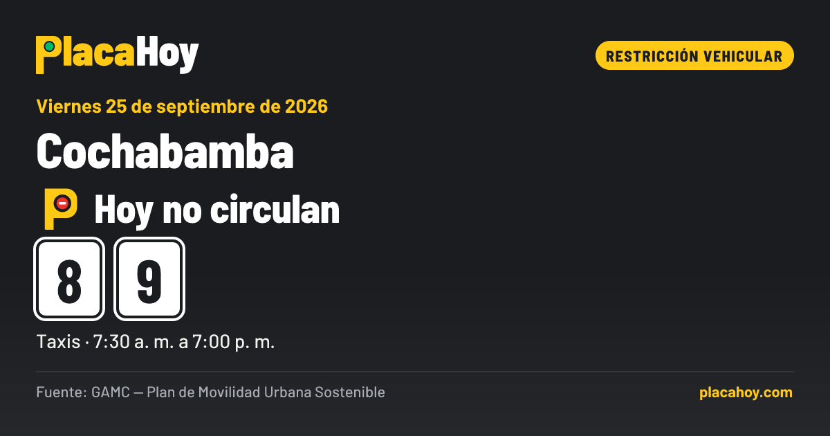 Hoy no circulan · 8, 9 · restricción vehicular · Cochabamba · Viernes 25 de septiembre de 2026