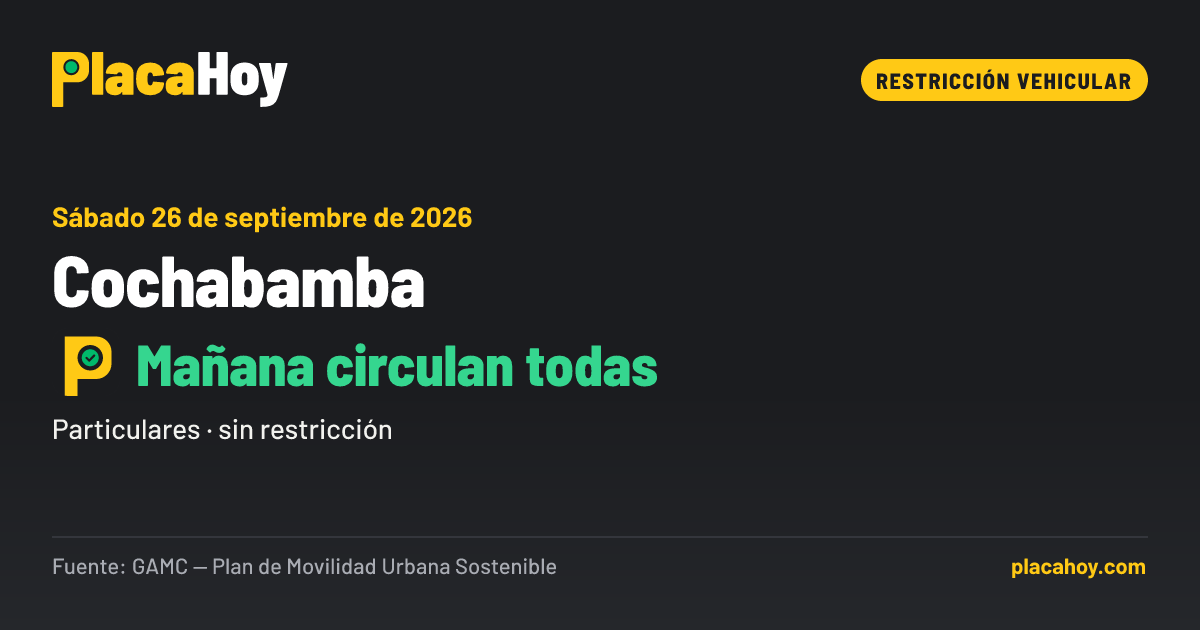 Mañana circulan todas · restricción vehicular · Cochabamba · Sábado 26 de septiembre de 2026