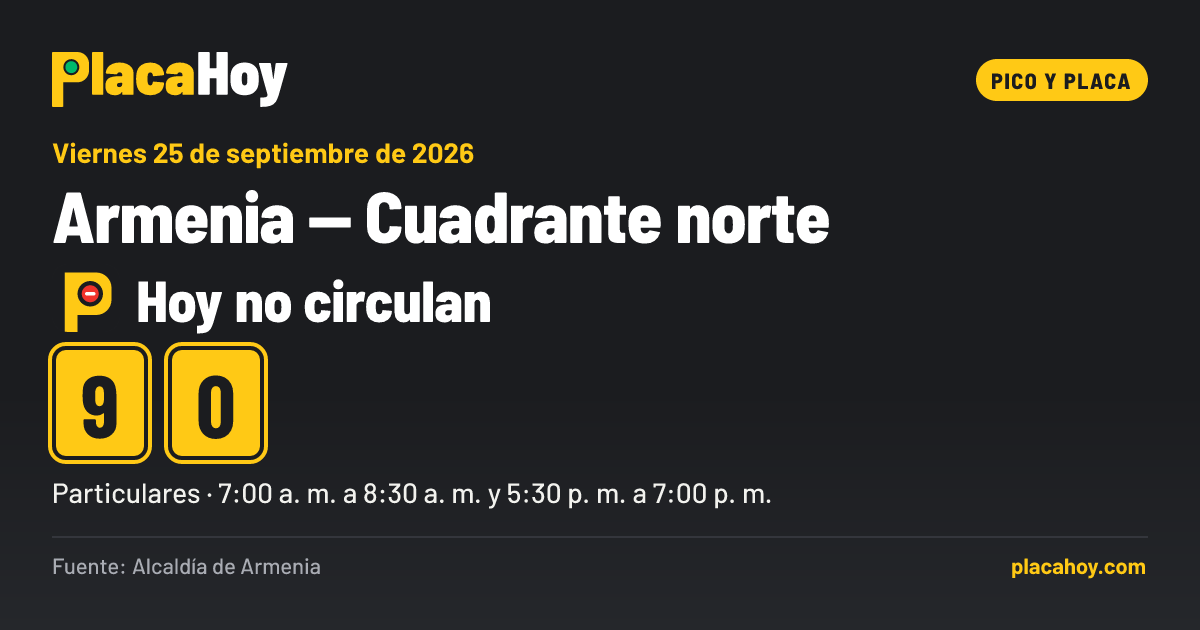 Hoy no circulan · 9, 0 · pico y placa · Armenia — Cuadrante norte · Viernes 25 de septiembre de 2026
