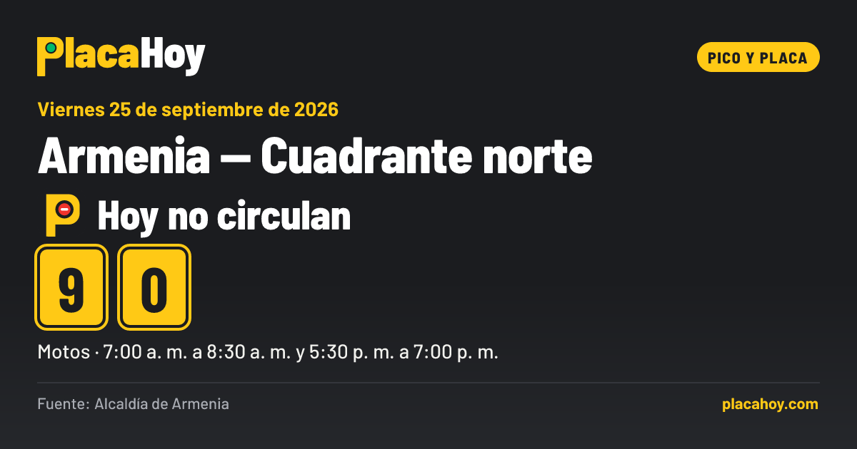 Hoy no circulan · 9, 0 · pico y placa · Armenia — Cuadrante norte · Viernes 25 de septiembre de 2026
