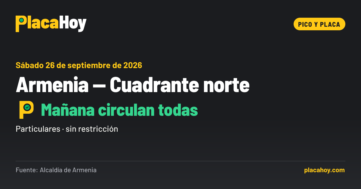 Mañana circulan todas · pico y placa · Armenia — Cuadrante norte · Sábado 26 de septiembre de 2026