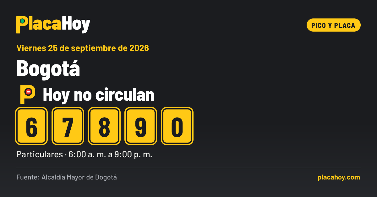 Hoy no circulan · 6, 7, 8, 9, 0 · pico y placa · Bogotá · Viernes 25 de septiembre de 2026