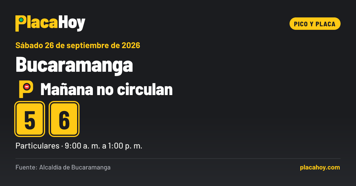 Mañana no circulan · 5, 6 · pico y placa · Bucaramanga · Sábado 26 de septiembre de 2026
