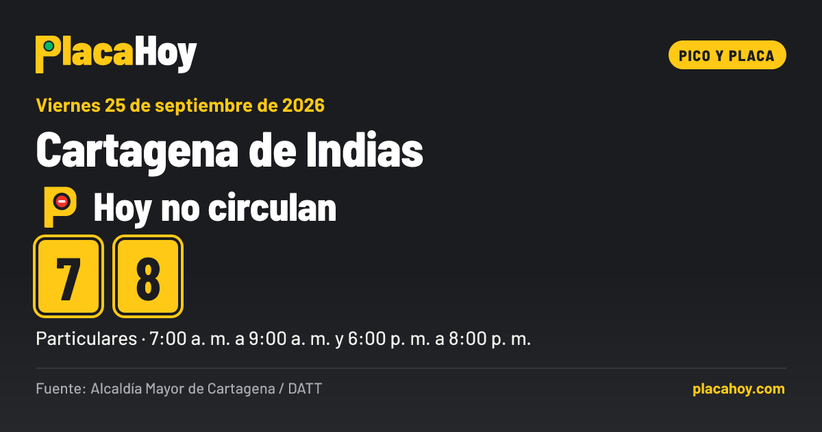 Hoy no circulan · 7, 8 · pico y placa · Cartagena de Indias · Viernes 25 de septiembre de 2026