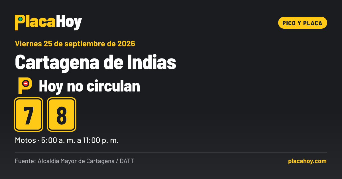 Hoy no circulan · 7, 8 · pico y placa · Cartagena de Indias · Viernes 25 de septiembre de 2026