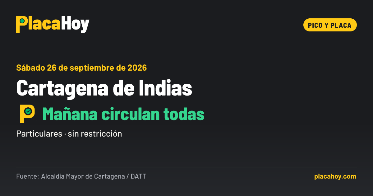Mañana circulan todas · pico y placa · Cartagena de Indias · Sábado 26 de septiembre de 2026