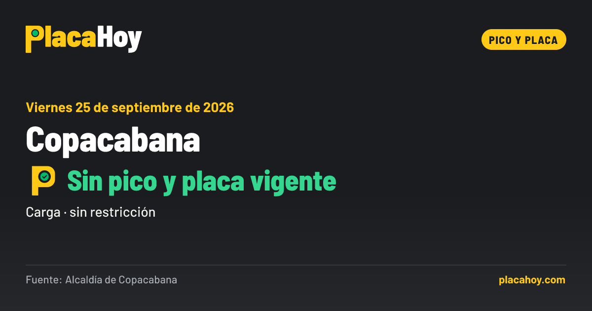 Sin pico y placa vigente · pico y placa · Copacabana · Viernes 25 de septiembre de 2026