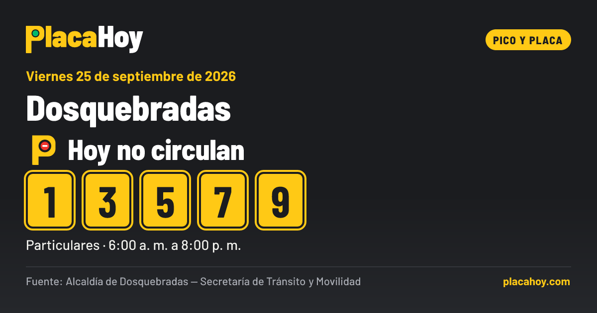 Hoy no circulan · 1, 3, 5, 7, 9 · pico y placa · Dosquebradas · Viernes 25 de septiembre de 2026