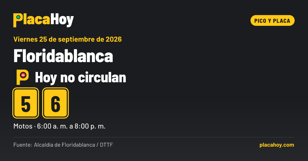 Hoy no circulan · 5, 6 · pico y placa · Floridablanca · Viernes 25 de septiembre de 2026