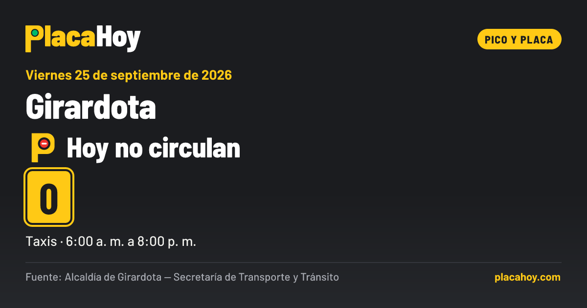 Hoy no circulan · 0 · pico y placa · Girardota · Viernes 25 de septiembre de 2026