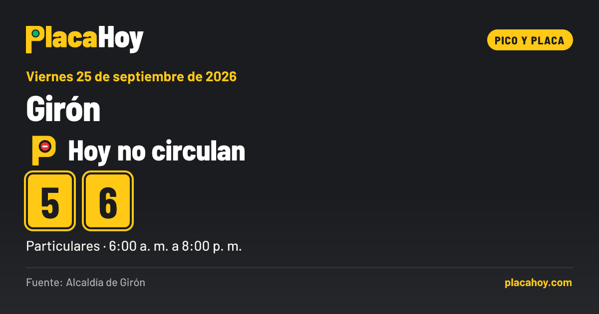 Hoy no circulan · 5, 6 · pico y placa · Girón · Viernes 25 de septiembre de 2026