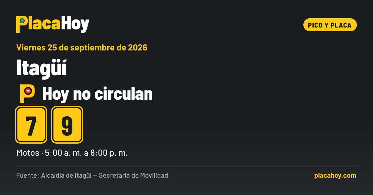 Hoy no circulan · 7, 9 · pico y placa · Itagüí · Viernes 25 de septiembre de 2026