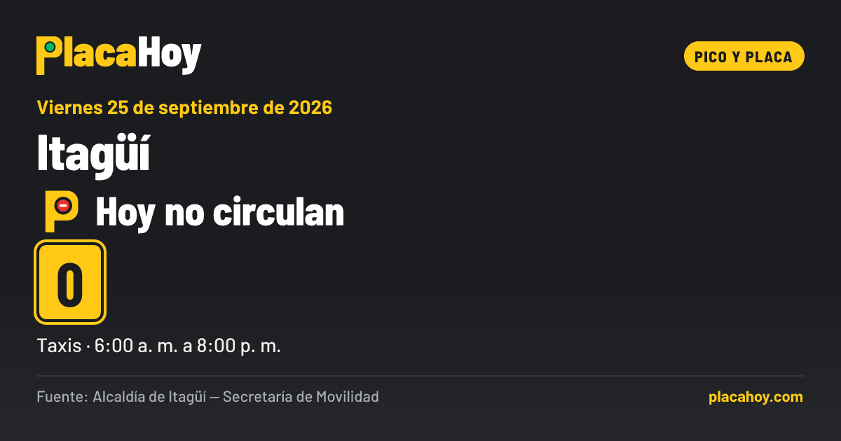 Hoy no circulan · 0 · pico y placa · Itagüí · Viernes 25 de septiembre de 2026