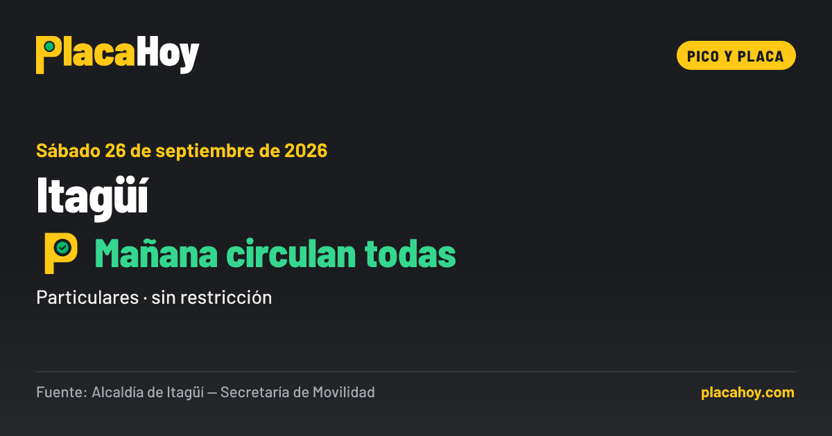 Mañana circulan todas · pico y placa · Itagüí · Sábado 26 de septiembre de 2026