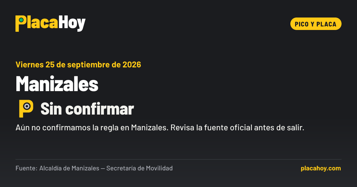 Sin confirmar · pico y placa · Manizales · Viernes 25 de septiembre de 2026