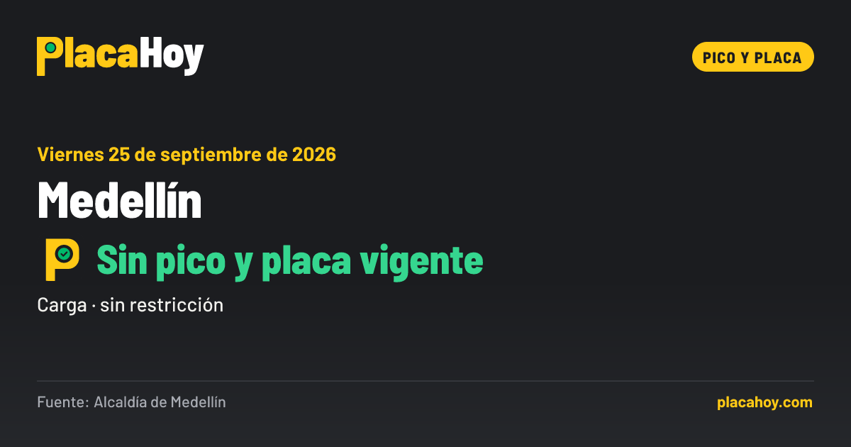Sin pico y placa vigente · pico y placa · Medellín · Viernes 25 de septiembre de 2026