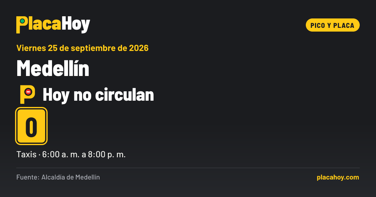 Hoy no circulan · 0 · pico y placa · Medellín · Viernes 25 de septiembre de 2026