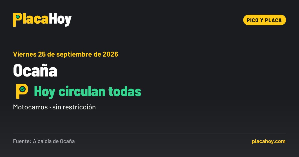Hoy circulan todas · pico y placa · Ocaña · Viernes 25 de septiembre de 2026