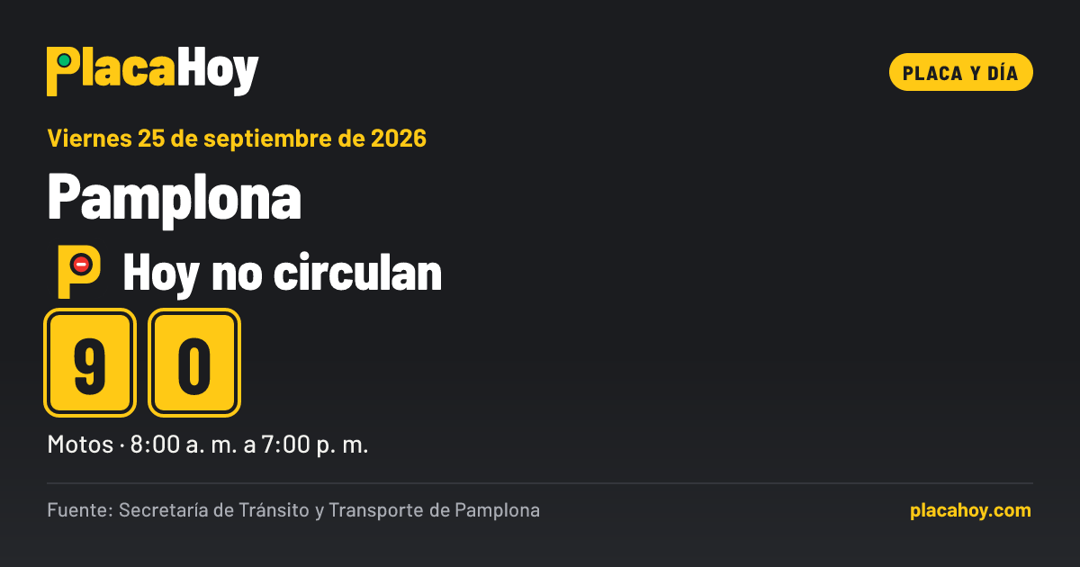 Hoy no circulan · 9, 0 · placa y día · Pamplona · Viernes 25 de septiembre de 2026