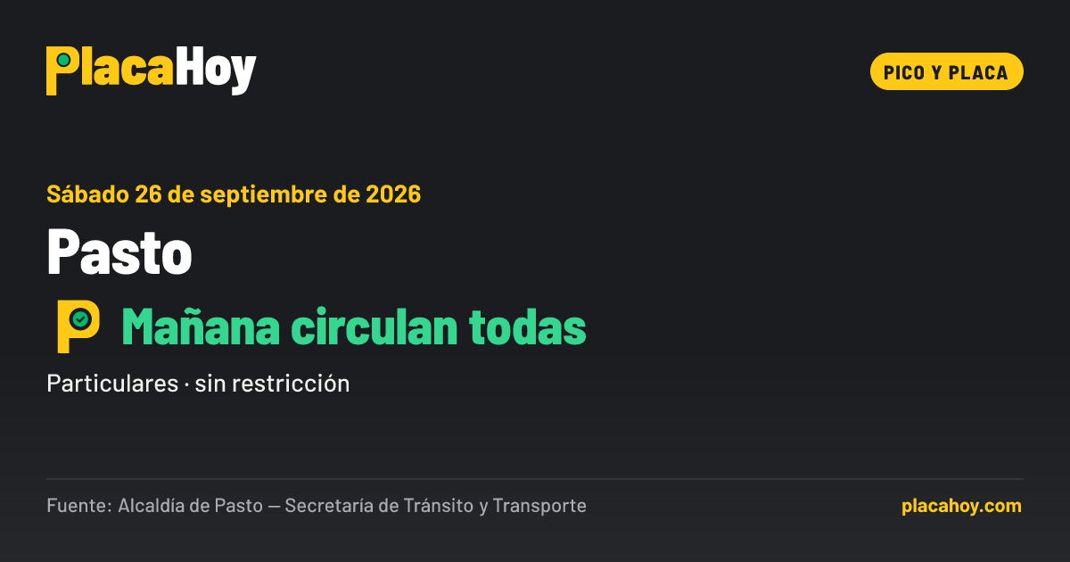 Mañana circulan todas · pico y placa · Pasto · Sábado 26 de septiembre de 2026