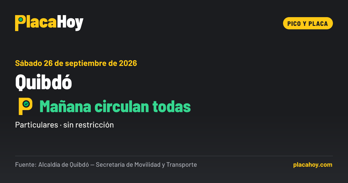 Mañana circulan todas · pico y placa · Quibdó · Sábado 26 de septiembre de 2026