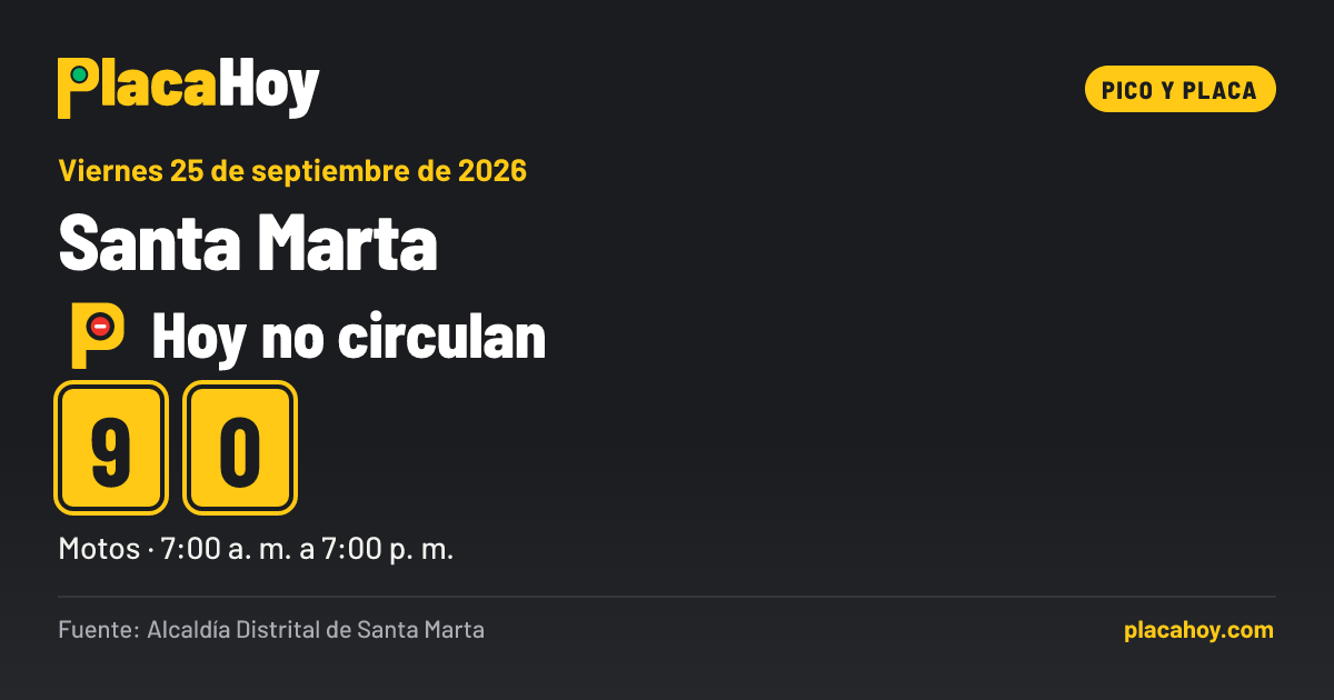 Hoy no circulan · 9, 0 · pico y placa · Santa Marta · Viernes 25 de septiembre de 2026