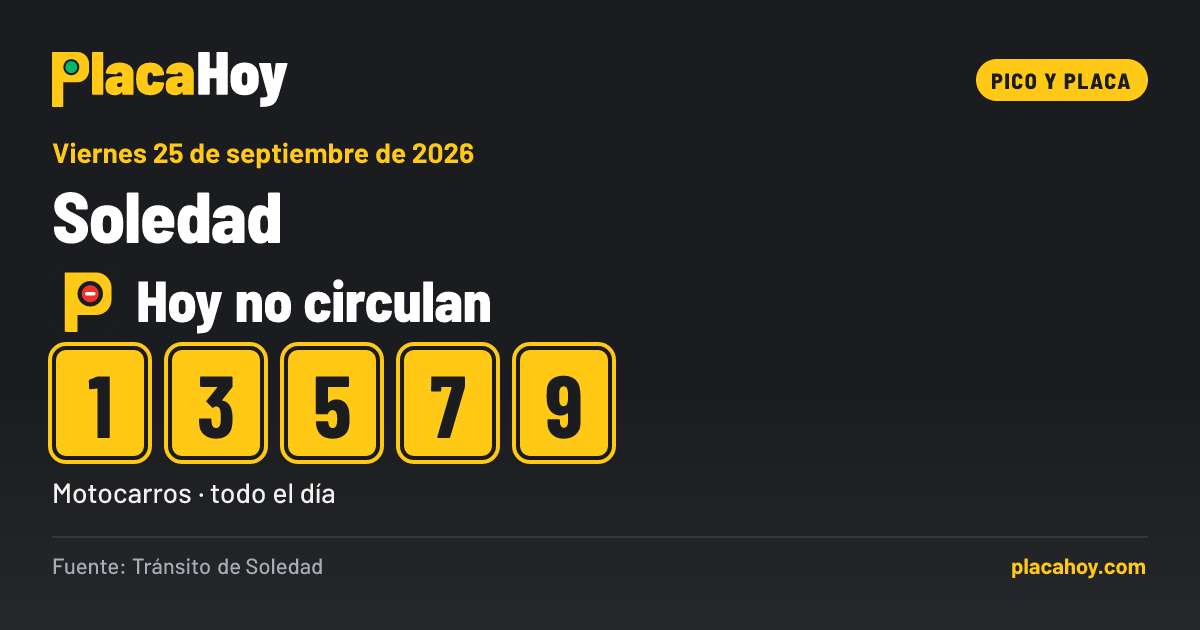 Hoy no circulan · 1, 3, 5, 7, 9 · pico y placa · Soledad · Viernes 25 de septiembre de 2026