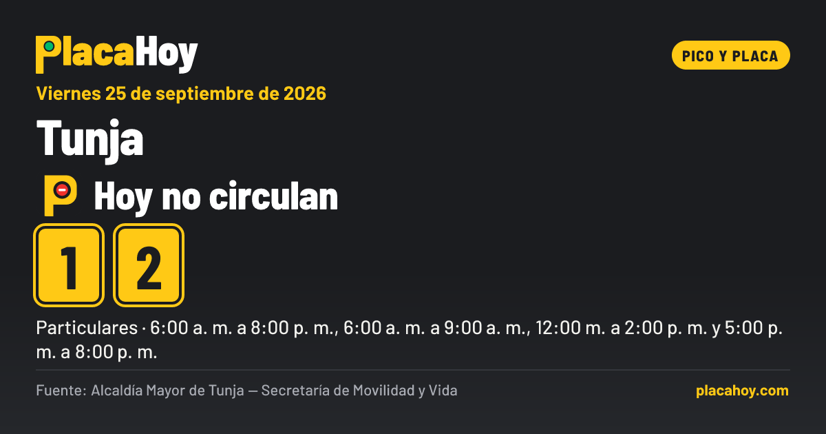 Hoy no circulan · 1, 2 · pico y placa · Tunja · Viernes 25 de septiembre de 2026