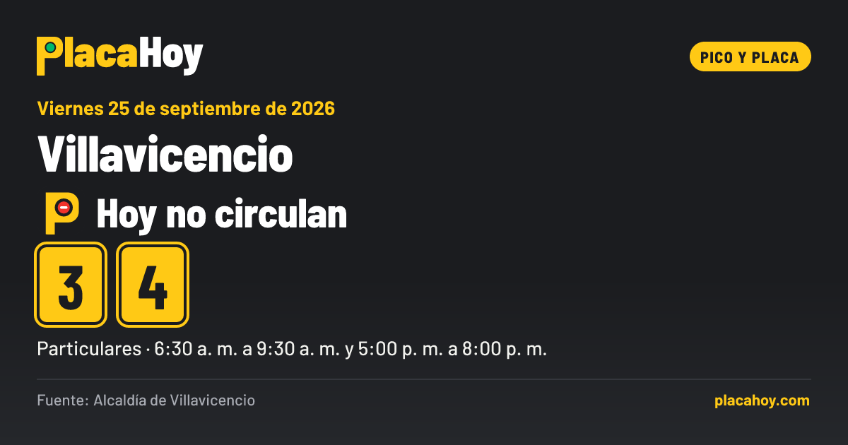 Hoy no circulan · 3, 4 · pico y placa · Villavicencio · Viernes 25 de septiembre de 2026
