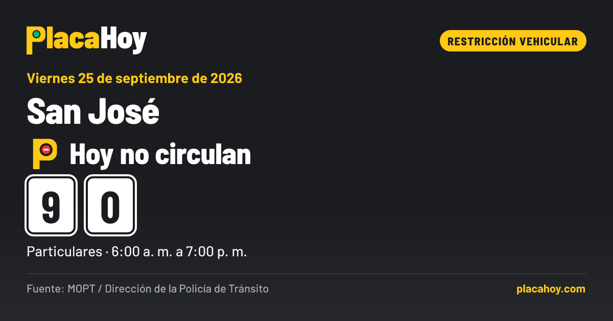 Hoy no circulan · 9, 0 · restricción vehicular · San José · Viernes 25 de septiembre de 2026