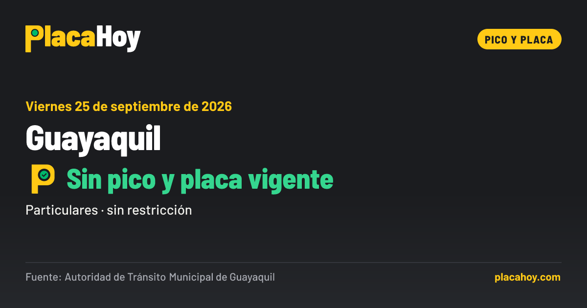 Sin pico y placa vigente · pico y placa · Guayaquil · Viernes 25 de septiembre de 2026