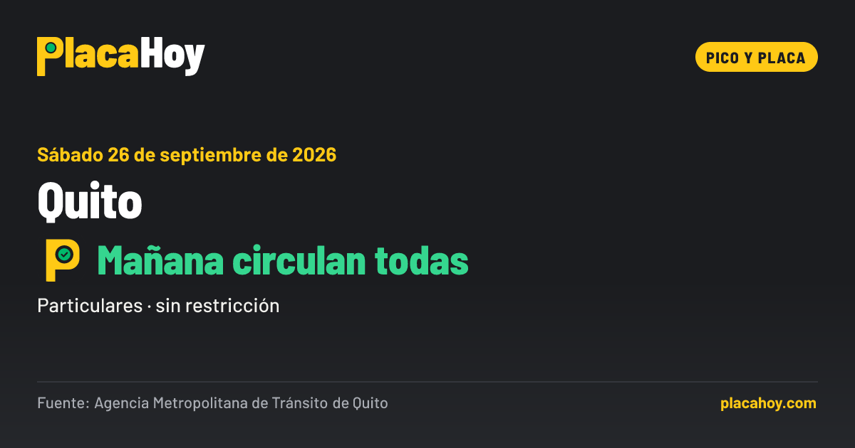 Mañana circulan todas · pico y placa · Quito · Sábado 26 de septiembre de 2026