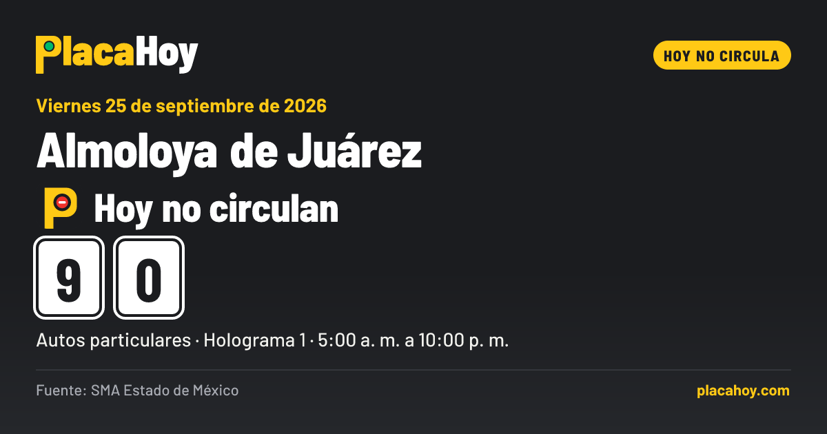 Hoy no circulan · 9, 0 · Hoy No Circula · Almoloya de Juárez · Viernes 25 de septiembre de 2026
