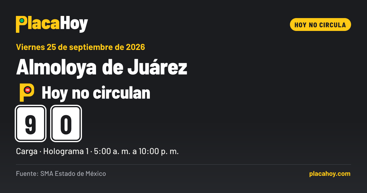 Hoy no circulan · 9, 0 · Hoy No Circula · Almoloya de Juárez · Viernes 25 de septiembre de 2026