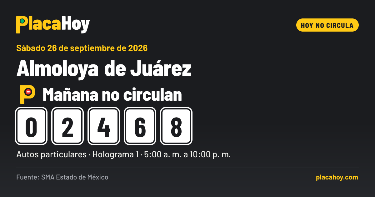Mañana no circulan · 0, 2, 4, 6, 8 · Hoy No Circula · Almoloya de Juárez · Sábado 26 de septiembre de 2026