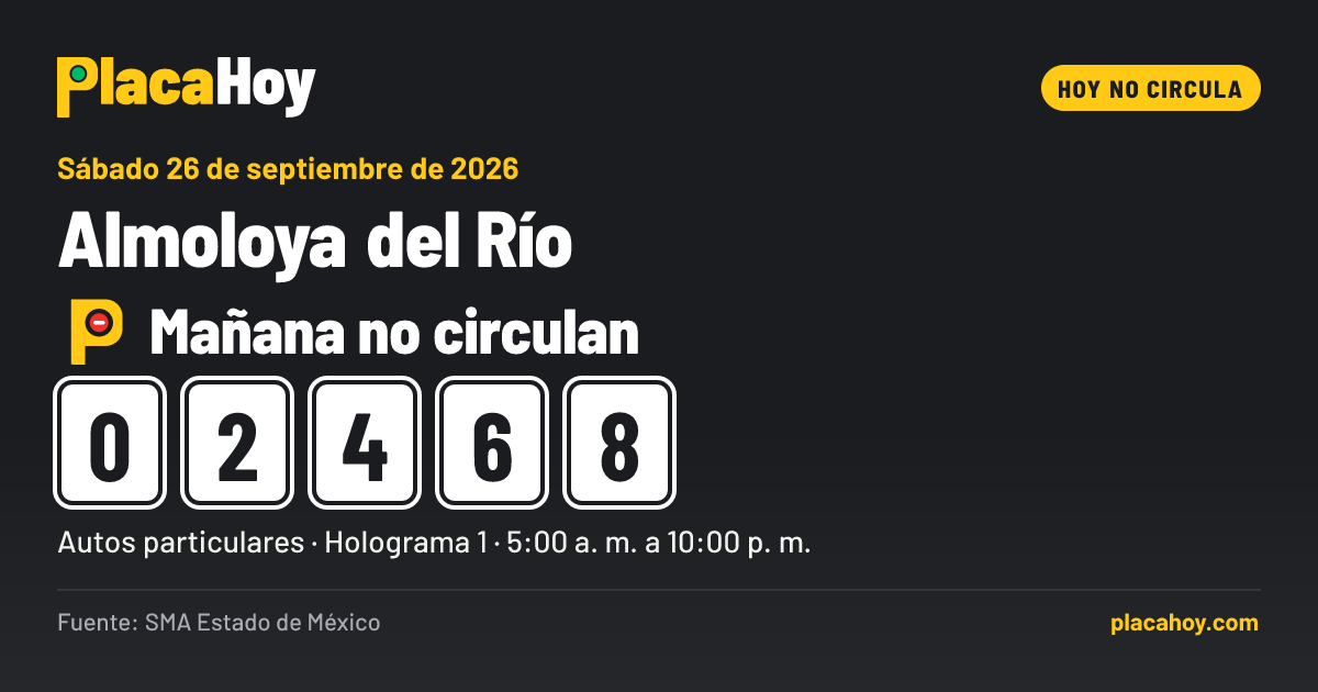 Mañana no circulan · 0, 2, 4, 6, 8 · Hoy No Circula · Almoloya del Río · Sábado 26 de septiembre de 2026
