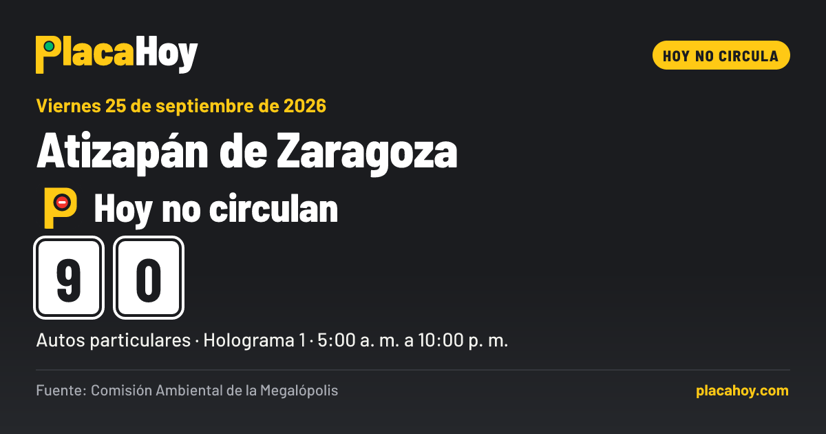 Hoy no circulan · 9, 0 · Hoy No Circula · Atizapán de Zaragoza · Viernes 25 de septiembre de 2026